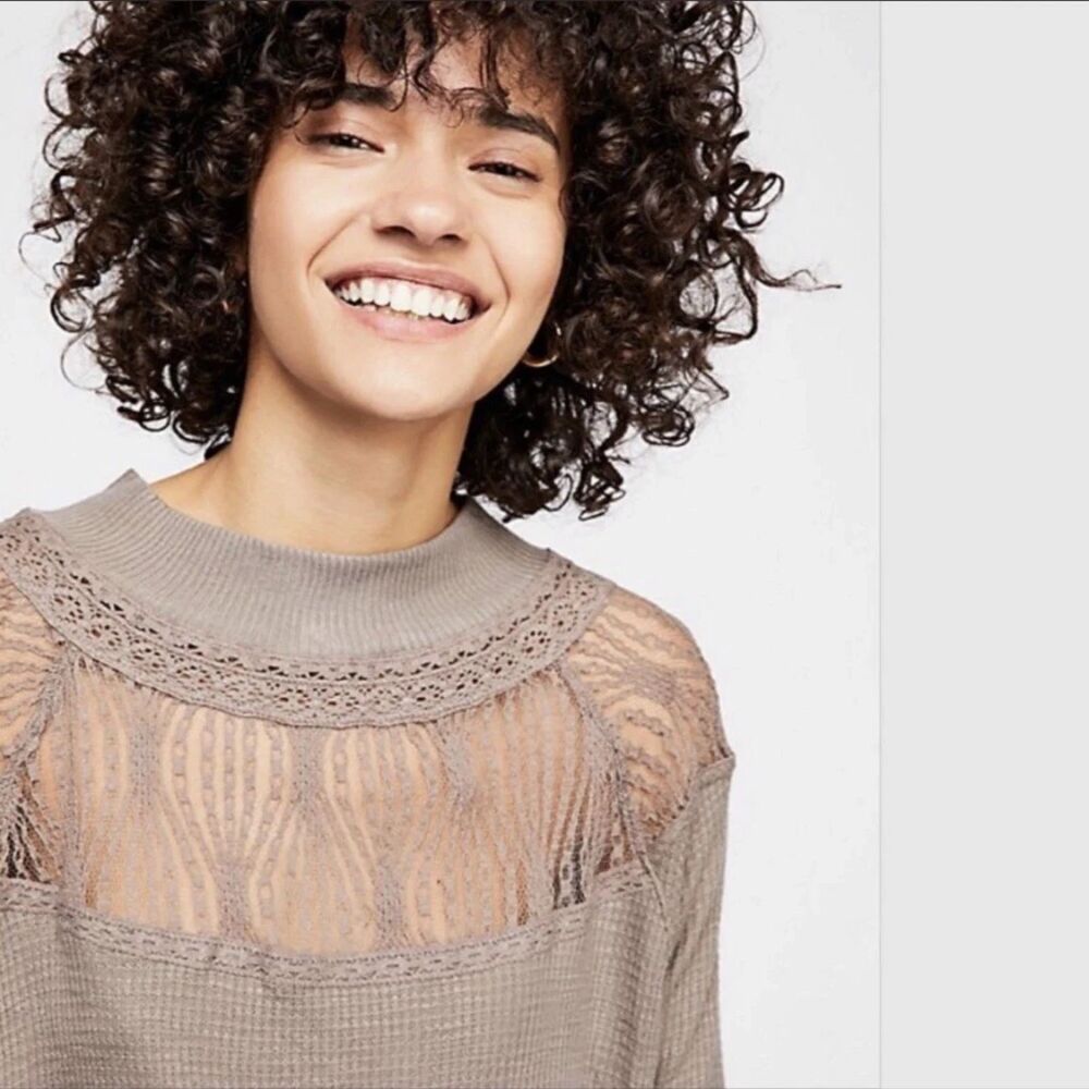 Free People Spring Valley Thermal Top Oversized Sheer Lace Waffle Knit Small - Picture 2 of 7